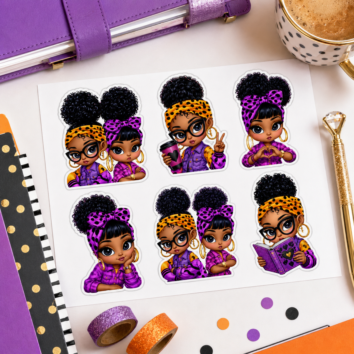 Purple and orange afro-puff besties sticker sheet styled with a purple planner, gold pen and creative stationery.