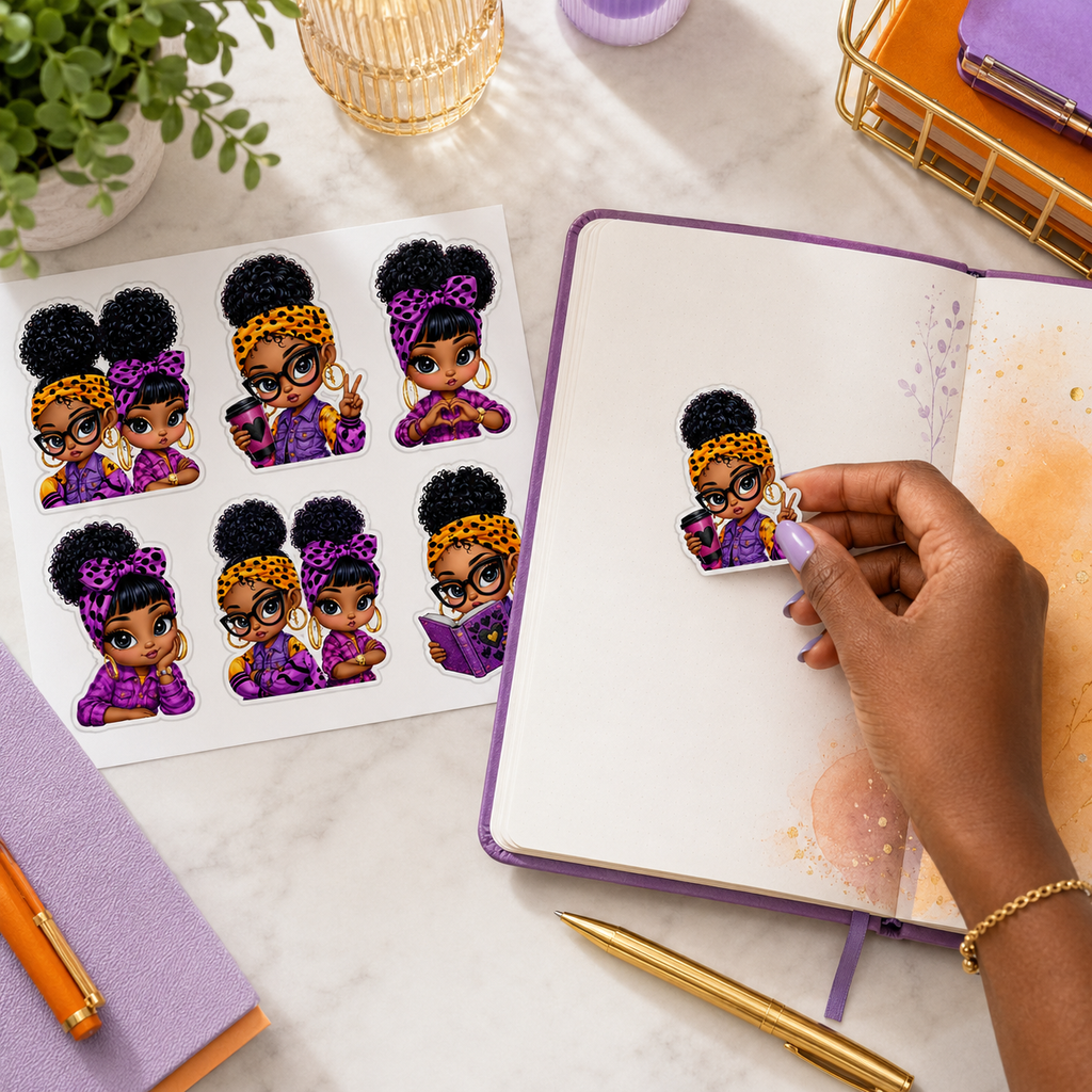 Afro-puff character sticker sheet beside a purple journal with a hand applying one sticker.