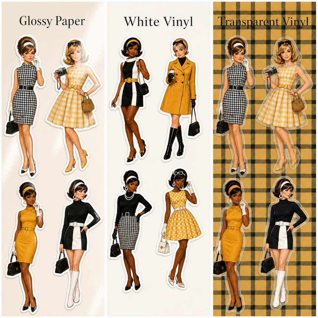 Retro fashion stickers in Glossy Paper White Vinyl and Transparent Vinyl