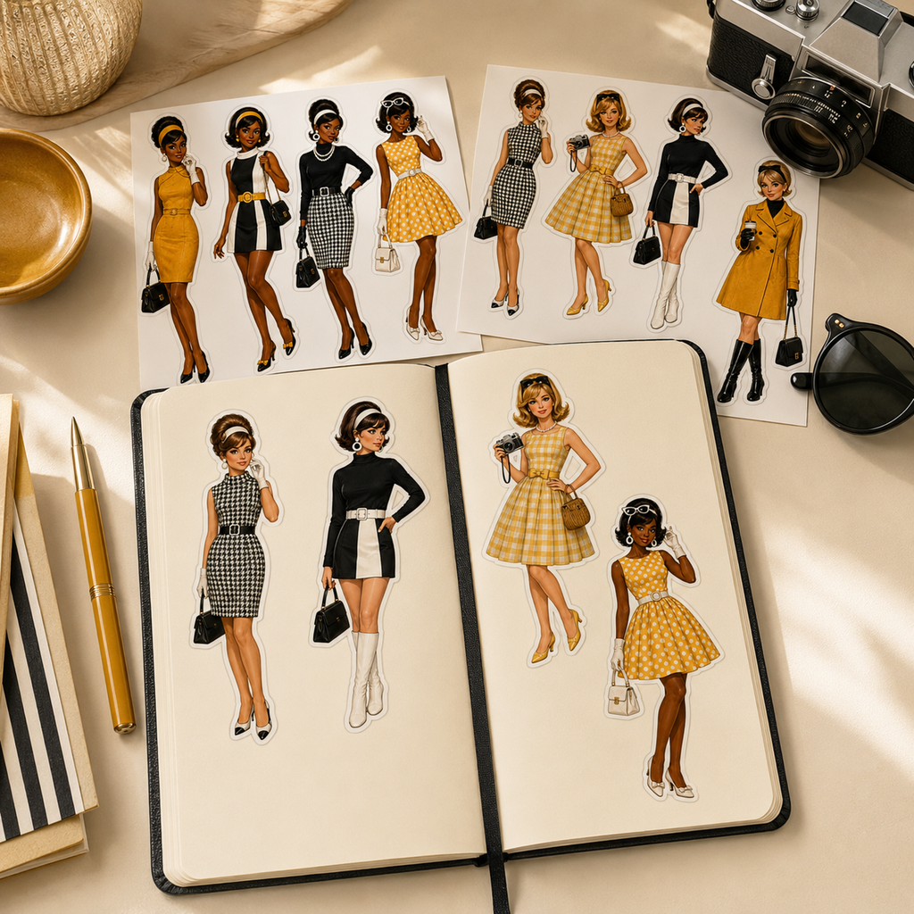 1960s inspired fashion stickers used in a journal