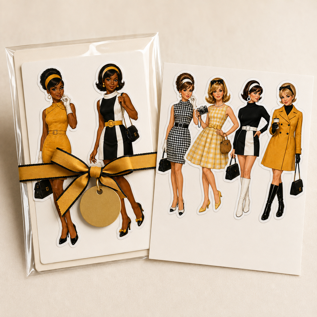 Gift ready retro fashion sticker sheets in mustard black and ivory