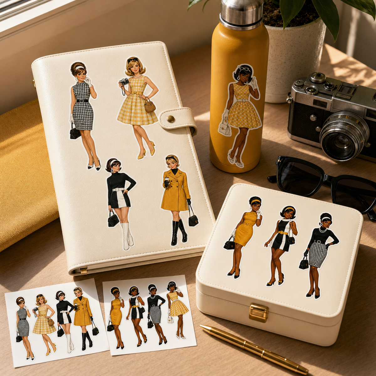Retro fashion stickers decorating stationery and accessories