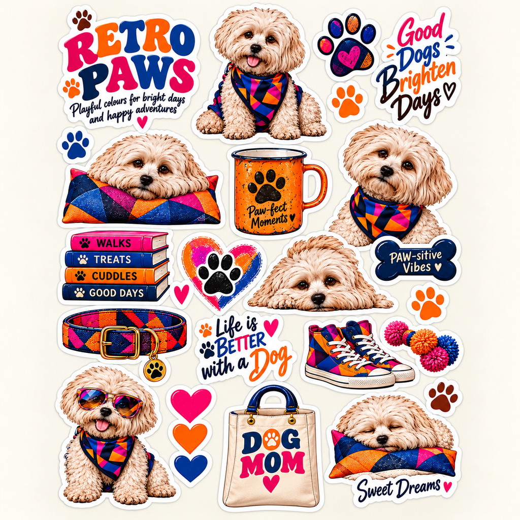 Retro Paws – Colourful Dog Sticker Sheet — closeup luxury lifestyle sticker sheet mockup