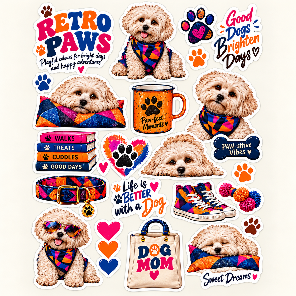 Retro Paws – Colourful Dog Sticker Sheet — closeup luxury lifestyle sticker sheet mockup