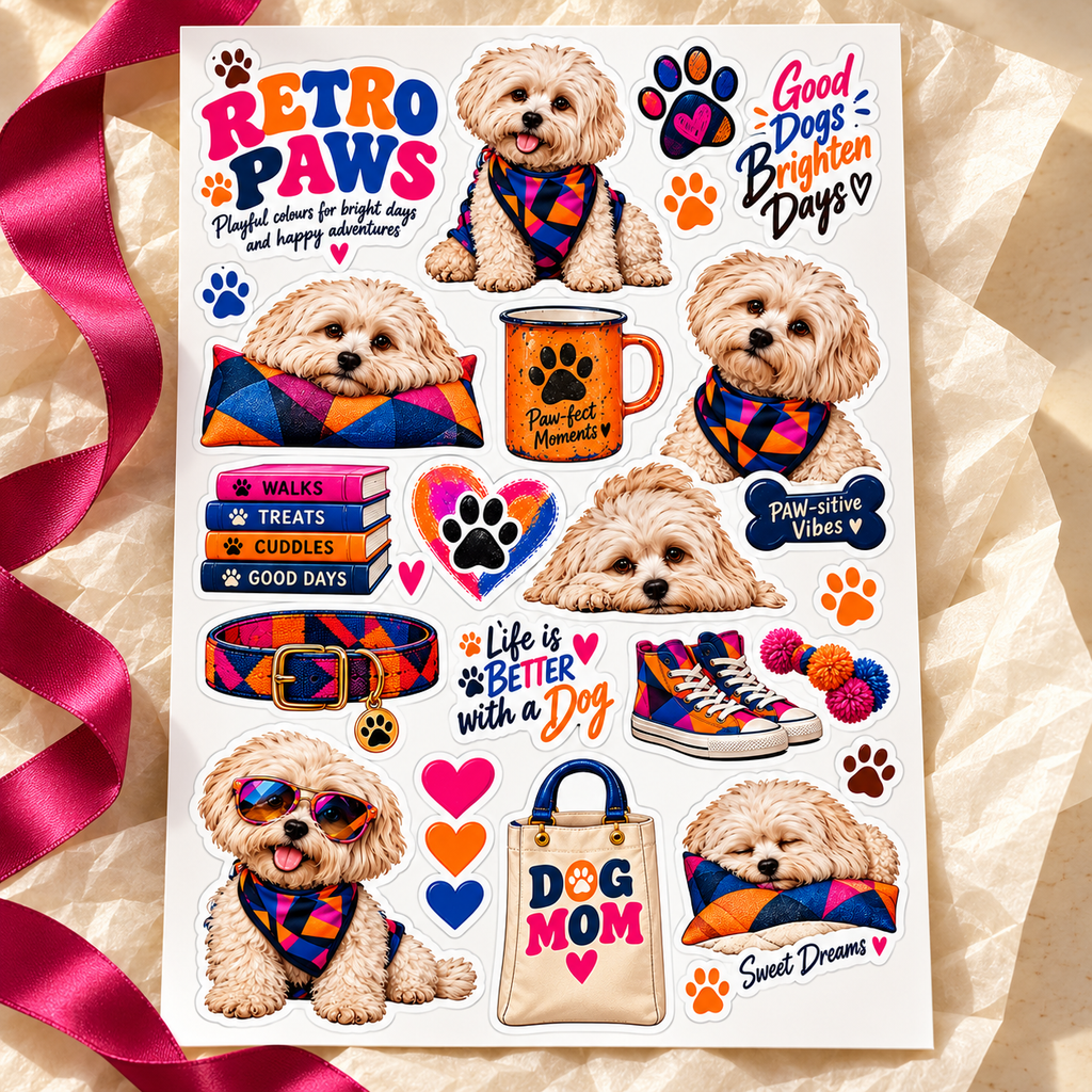 Retro Paws – Colourful Dog Sticker Sheet — gift sticker sheet lifestyle view