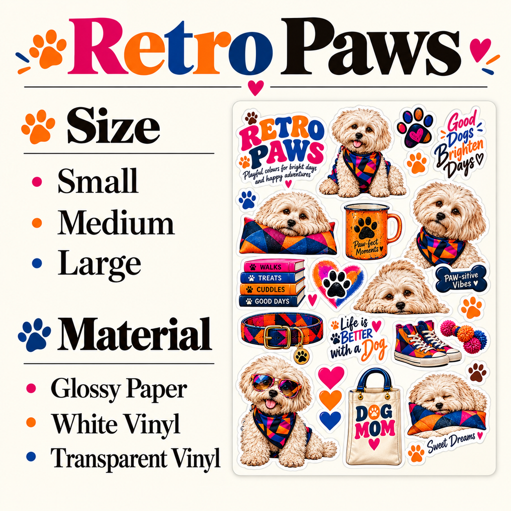 Retro Paws – Colourful Dog Sticker Sheet — guide size and material options