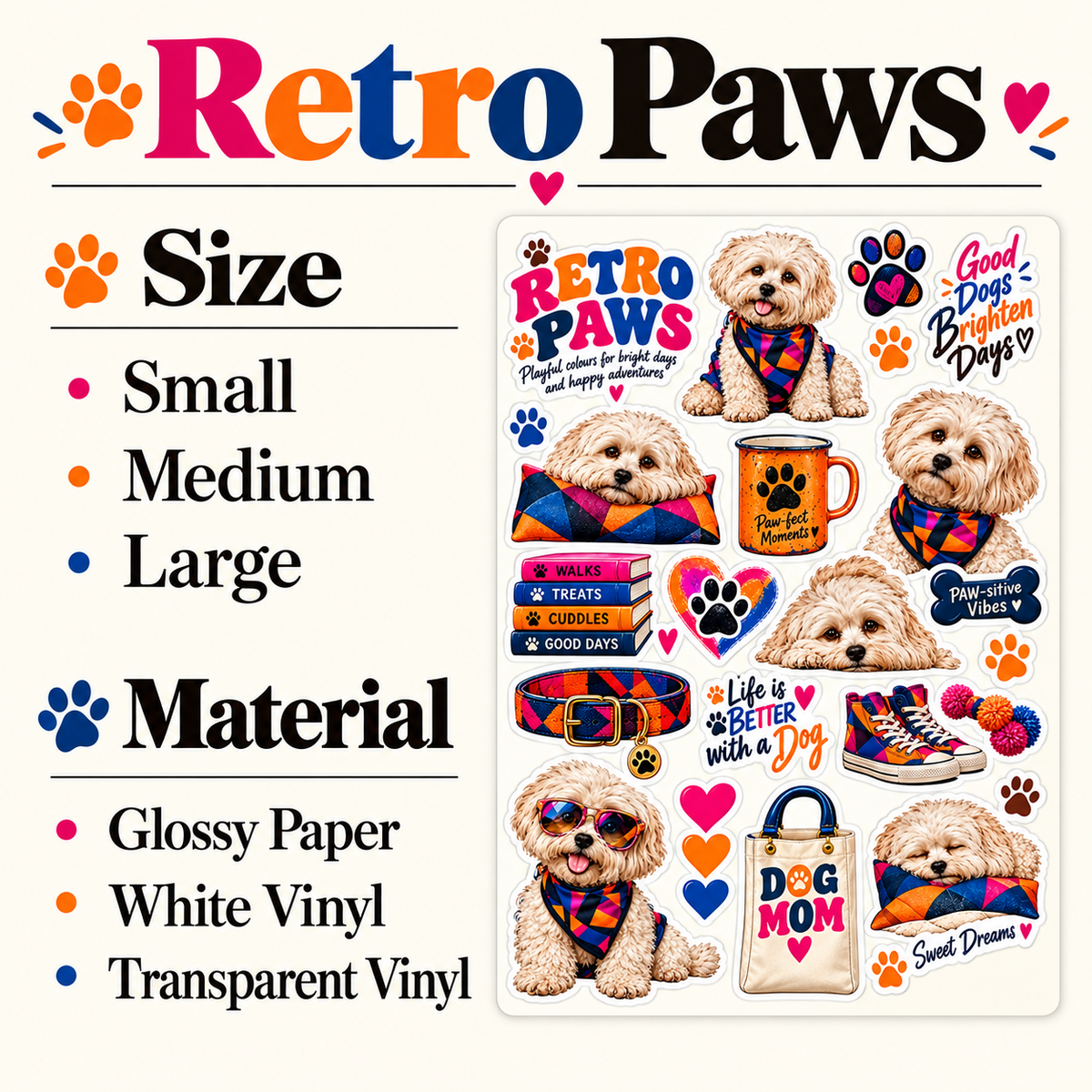 Retro Paws – Colourful Dog Sticker Sheet — guide size and material options