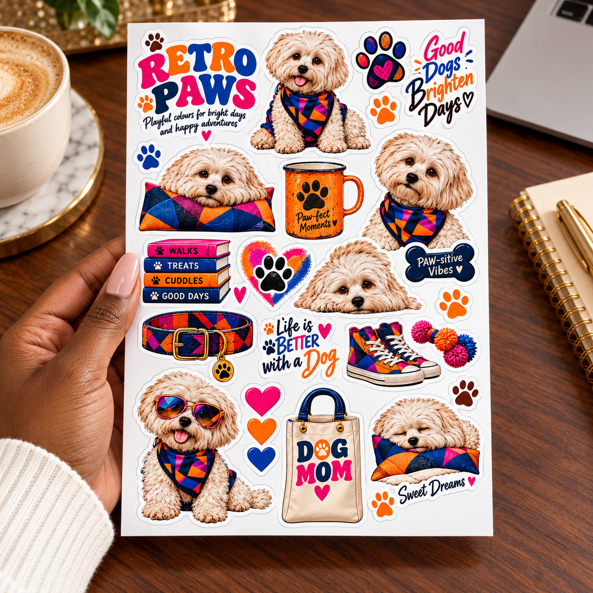 Retro Paws – Colourful Dog Sticker Sheet — hand luxury lifestyle sticker sheet mockup