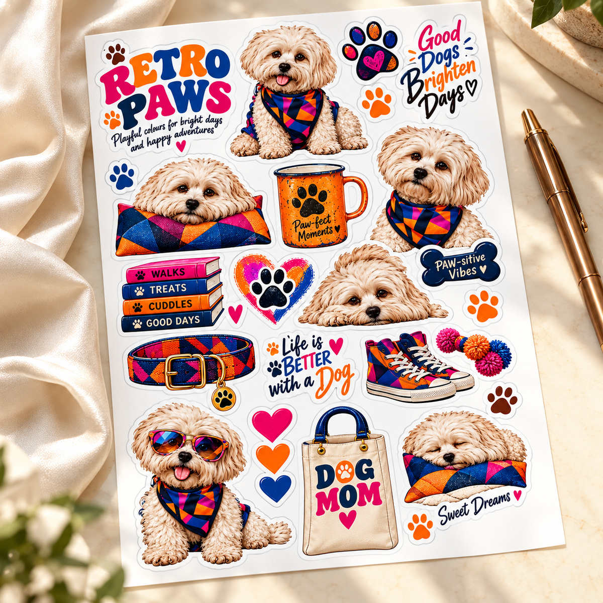 Retro Paws – Colourful Dog Sticker Sheet — hero luxury lifestyle sticker sheet mockup