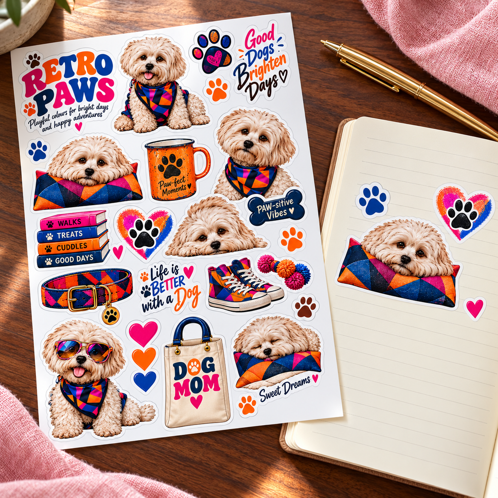 Retro Paws – Colourful Dog Sticker Sheet — journal sticker sheet lifestyle view