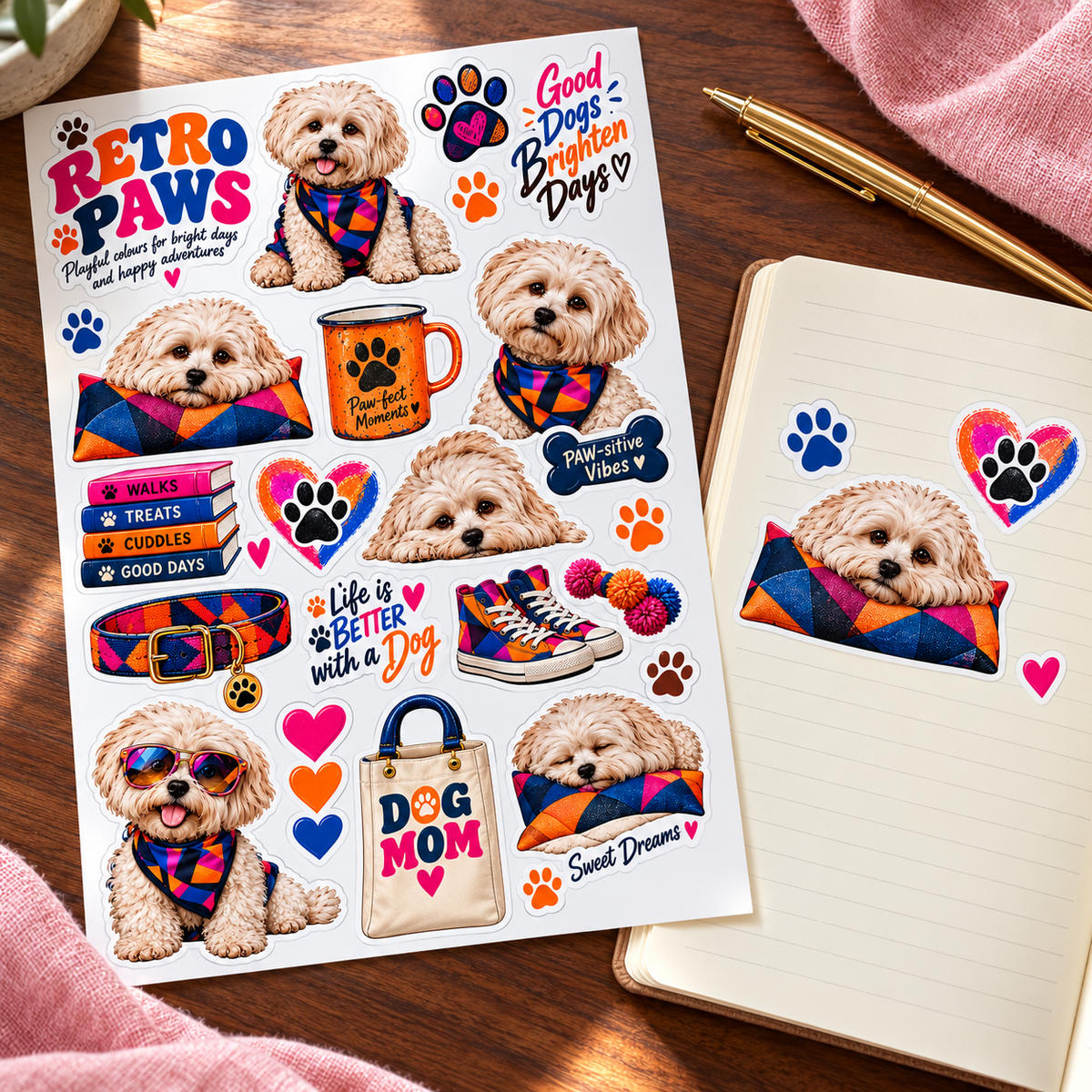 Retro Paws – Colourful Dog Sticker Sheet — journal sticker sheet lifestyle view