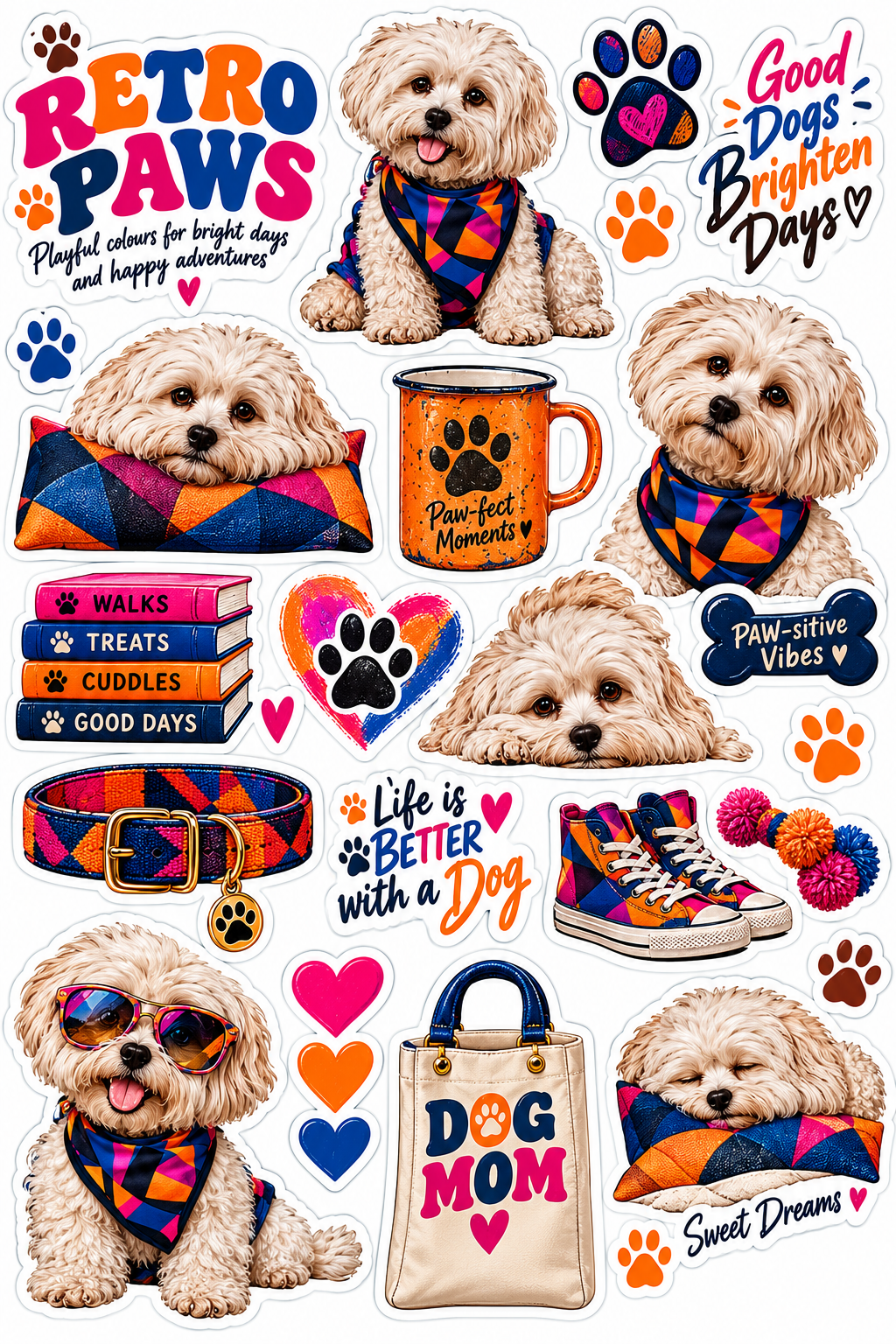 Retro Paws – Colourful Dog Sticker Sheet — original artwork printed sticker sheet