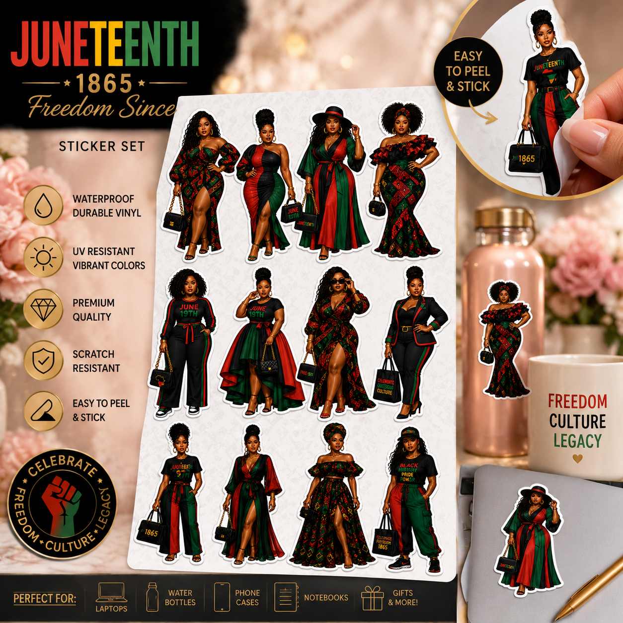 Juneteenth sticker sheet featuring Black Girl Magic vinyl decals, Afro Queen fashion doll designs, waterproof for laptops and tumblers.