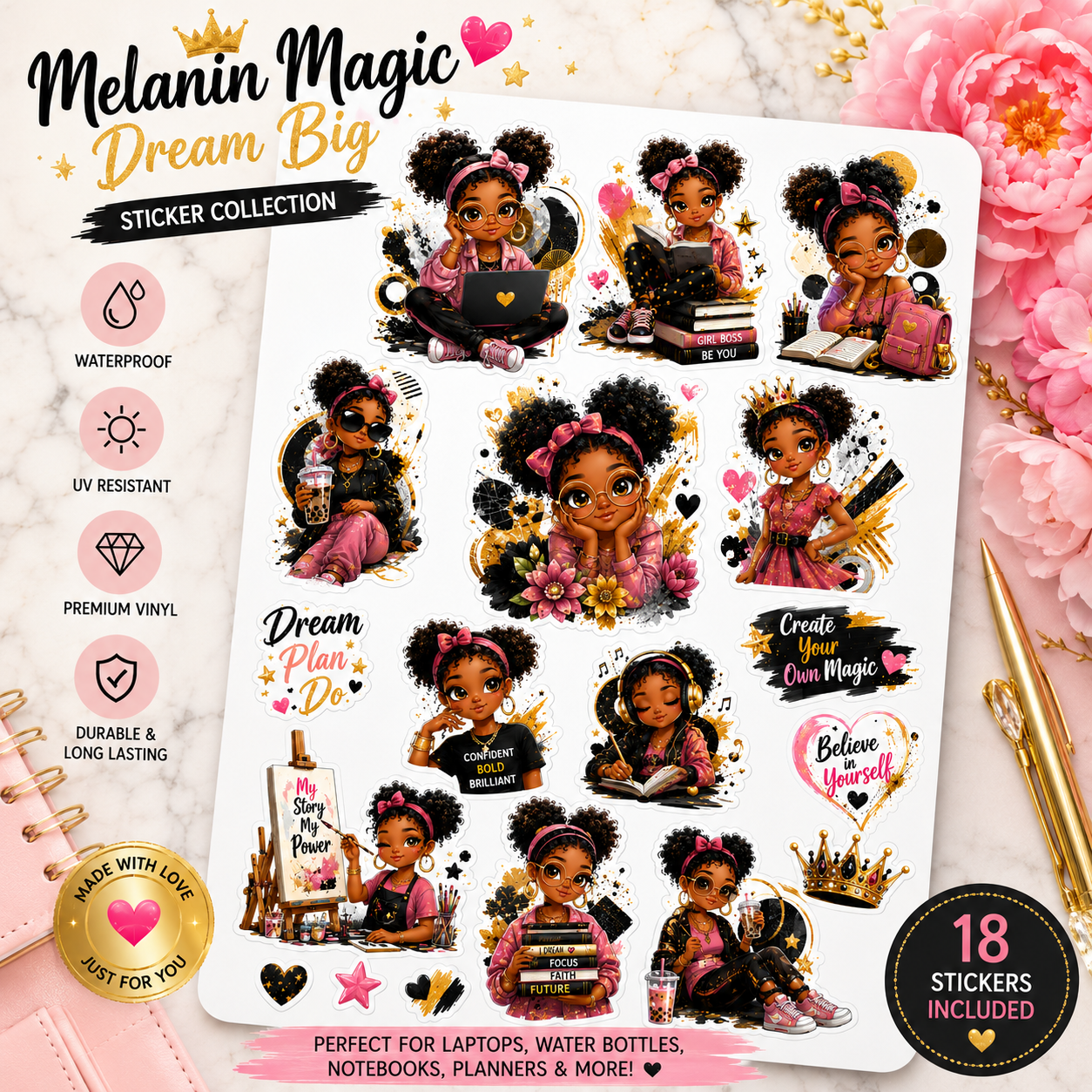 Set of Black Girl Magic vinyl stickers featuring Afro Puff Boss Babe designs, waterproof kiss cut stickers for planners and decor.