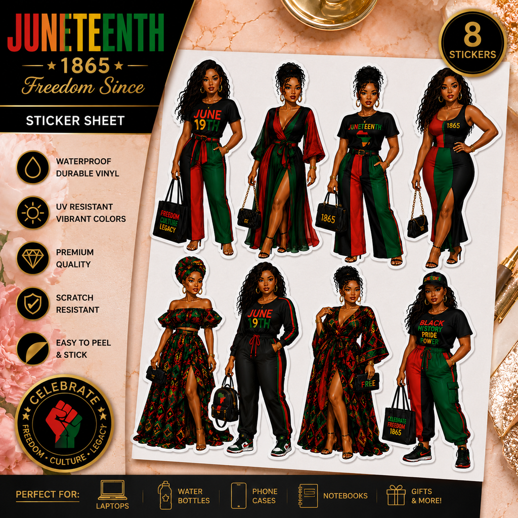 Juneteenth sticker sheet featuring Black Girl Magic and Afro Queen decals, waterproof vinyl for laptops and tumblers.