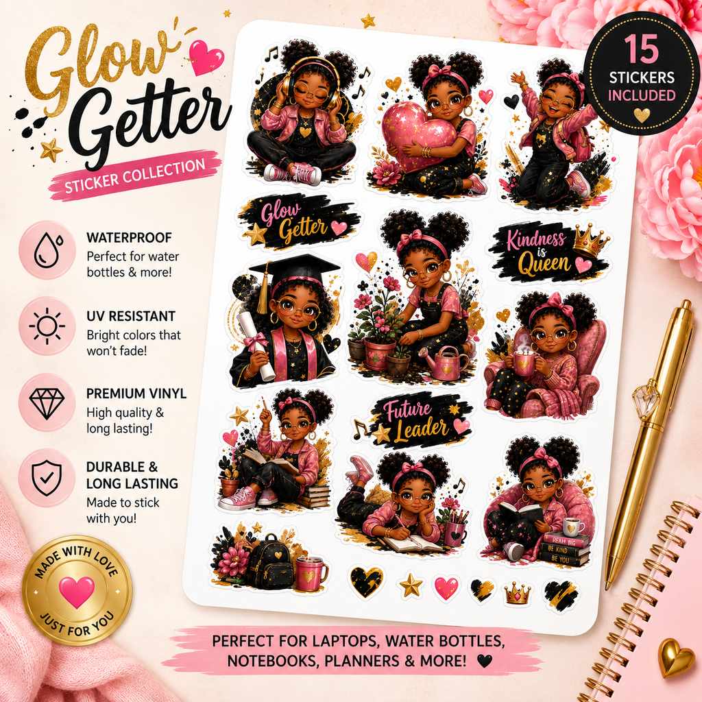 Set of waterproof Black Girl Magic vinyl stickers featuring afro puff and boss babe designs on a white background.