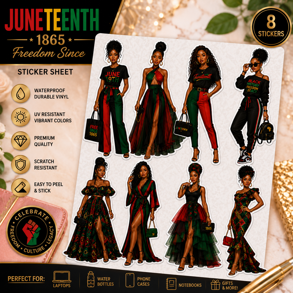 Juneteenth sticker sheet featuring Black Girl Magic vinyl decals, Afro Queen fashion doll designs, waterproof for laptops and tumblers