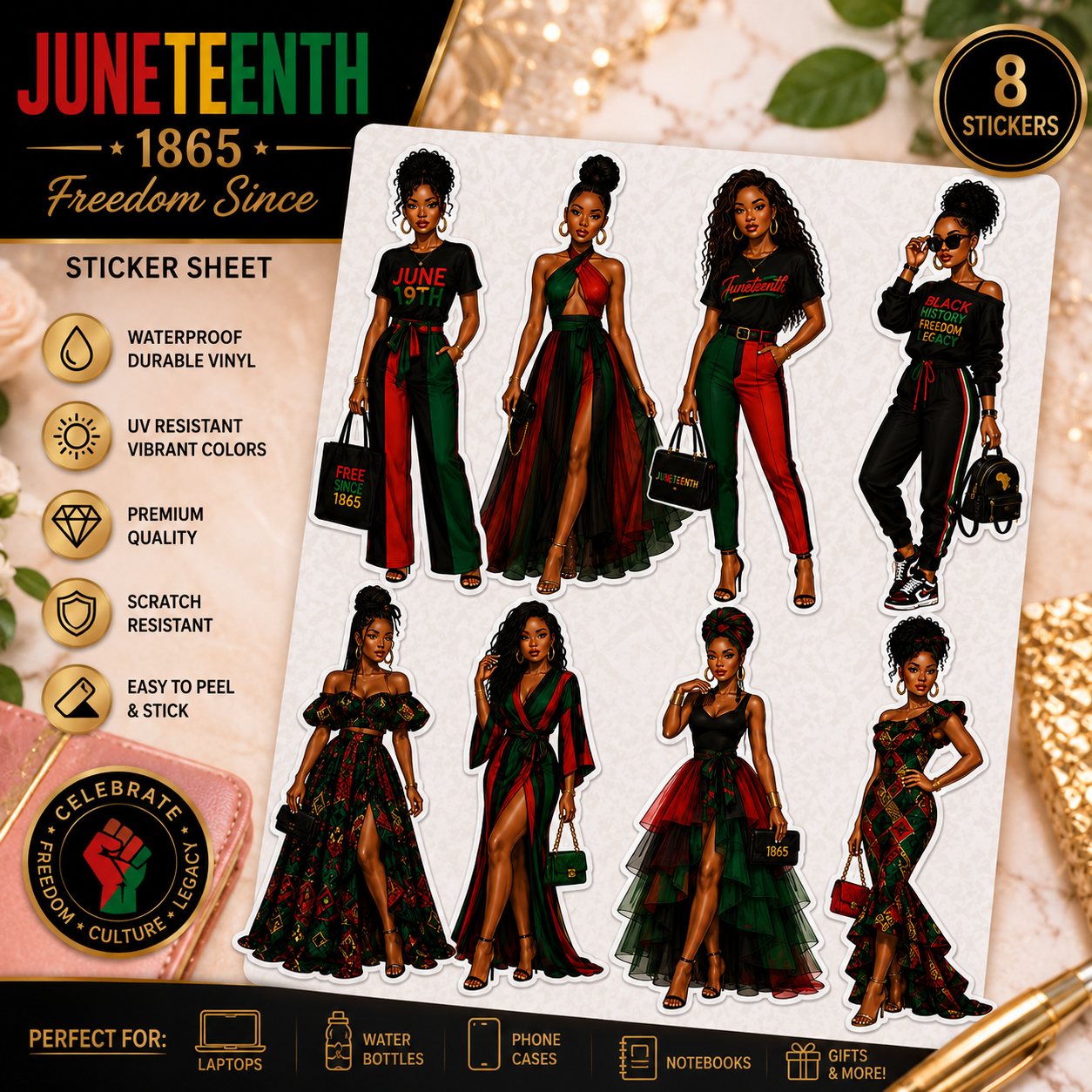 Juneteenth sticker sheet featuring Black Girl Magic vinyl decals, Afro Queen fashion doll designs, waterproof for laptops and tumblers