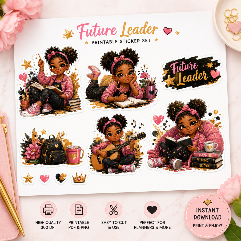 Black Girl Magic vinyl sticker set featuring waterproof kiss cut stickers with Afro puff and boss babe designs for planners and decor.