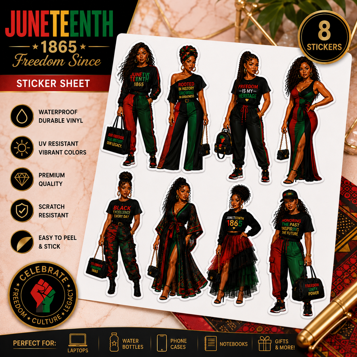 Juneteenth sticker sheet featuring Black Girl Magic vinyl decals, including Afro Queen fashion doll designs, waterproof for laptops and tumblers.