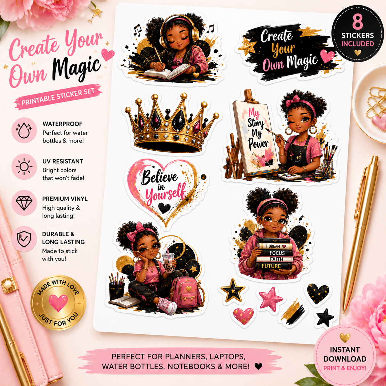 Set of Black Girl Magic vinyl stickers featuring Afro puff and boss babe designs, waterproof kiss cut stickers for planners.