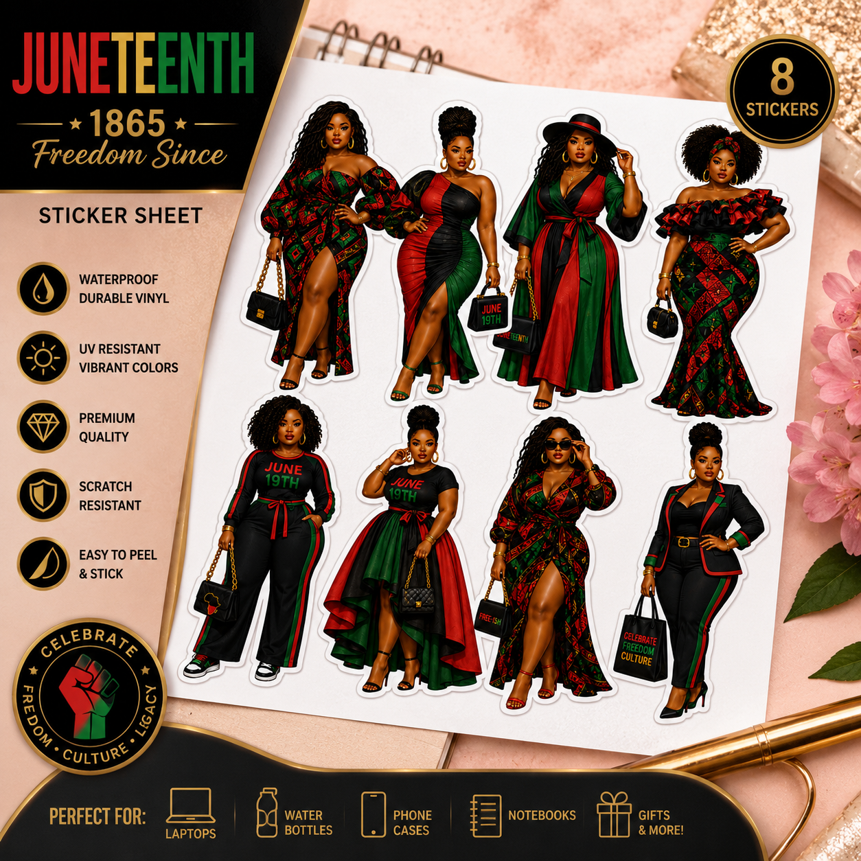 Juneteenth sticker sheet with Black Girl Magic vinyl decals featuring Afro Queen fashion doll designs, waterproof for laptops and tumblers.