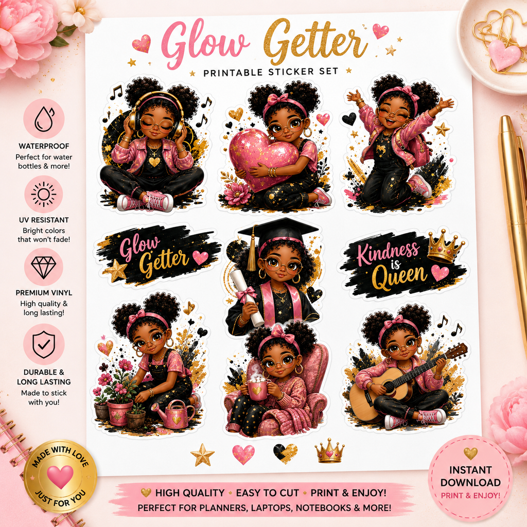 Black Girl Magic vinyl sticker set featuring waterproof kiss-cut stickers with Afro Puff and boss babe designs for planners and decor.