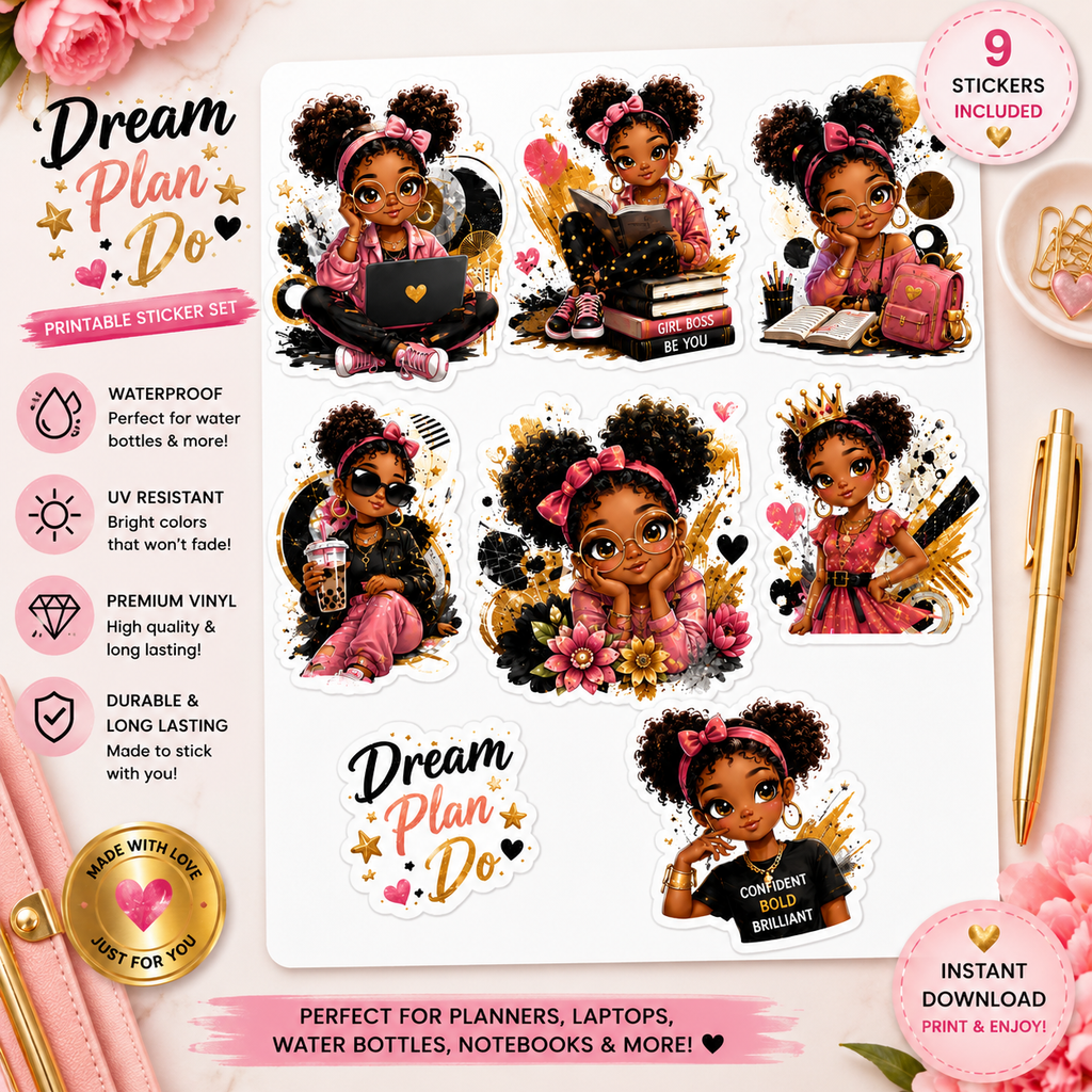Set of Black Girl Magic waterproof vinyl stickers featuring Afro puff and boss babe designs for planners and decor.