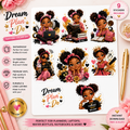Set of Black Girl Magic waterproof vinyl stickers featuring Afro puff and boss babe designs for planners and decor.