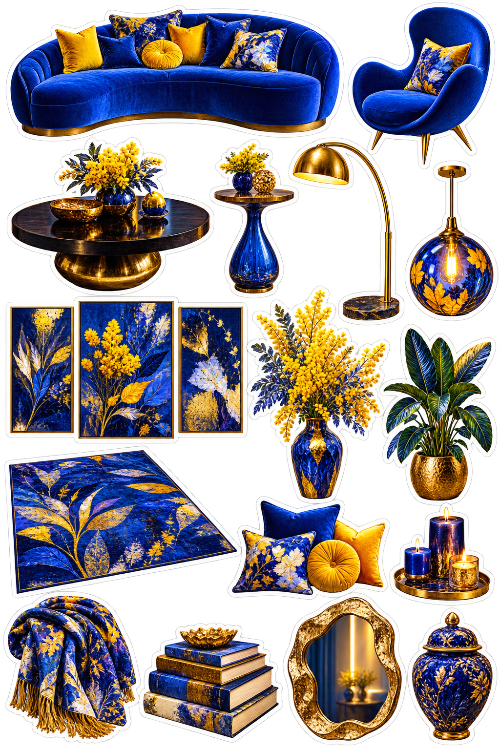 Royal Blue Gold Botanical home decor sticker sheet