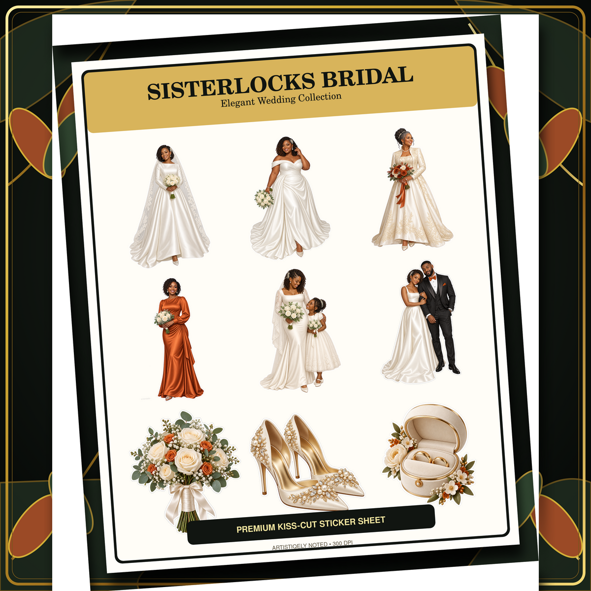 Sisterlocks Bridal nine-design sticker sheet with Black brides, wedding couple, flower girl, bridesmaid, bouquet, heels and rings