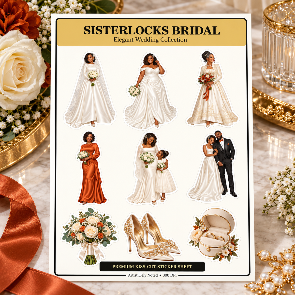 Full front view of nine Sisterlocks Bridal wedding sticker designs with Black brides, wedding party and accessories