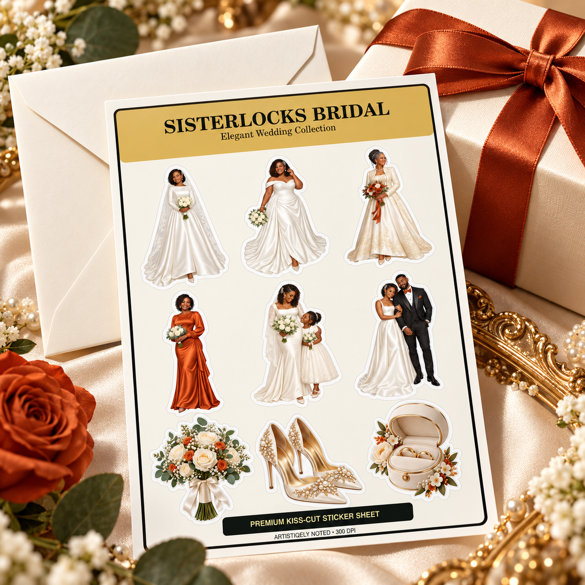 Nine-design Sisterlocks Bridal sticker sheet with ivory envelope and gift box tied with rust satin ribbon