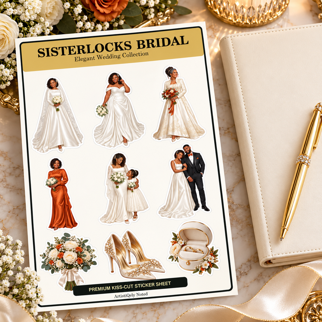 Nine-design Sisterlocks Bridal sticker sheet beside ivory wedding journal and gold pen