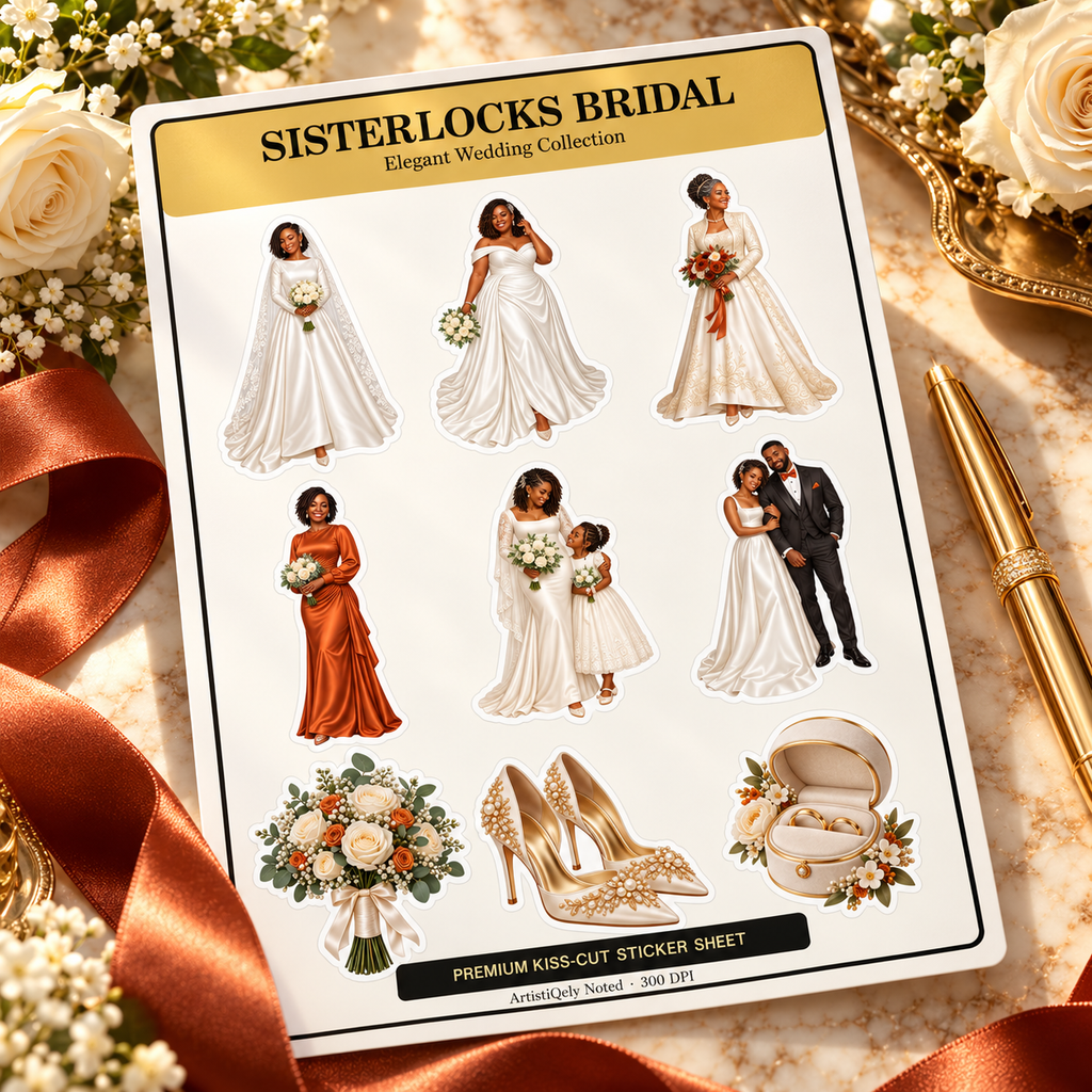 Sisterlocks Bridal nine-design sticker sheet styled with ivory roses, rust satin ribbon and gold pen on marble