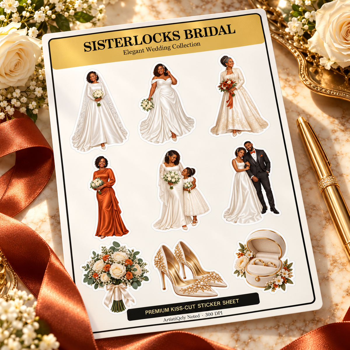 Sisterlocks Bridal nine-design sticker sheet styled with ivory roses, rust satin ribbon and gold pen on marble