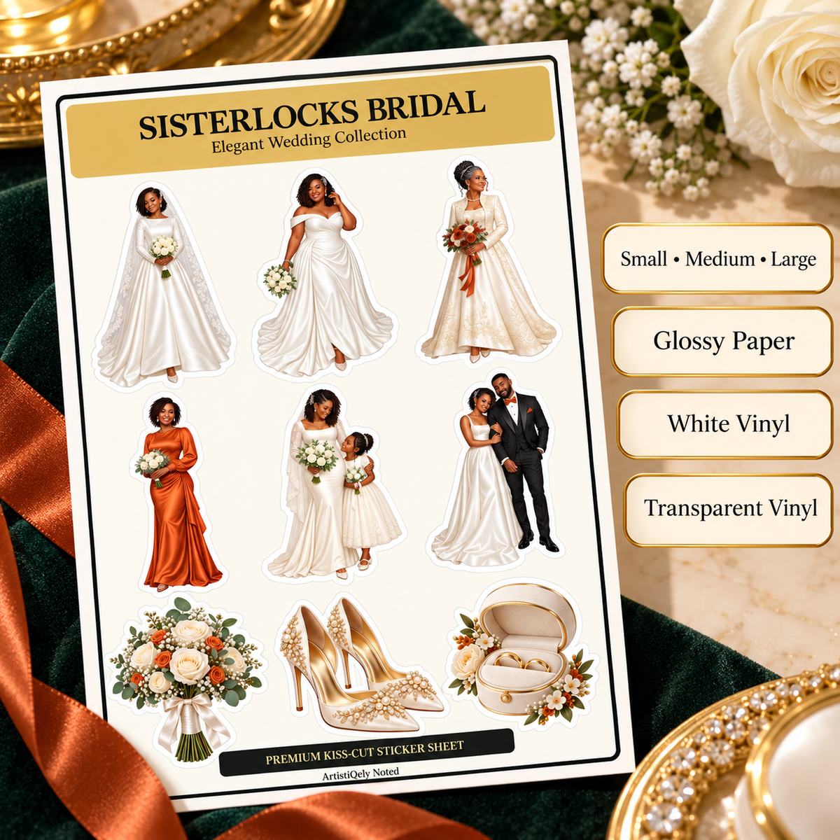 Sisterlocks Bridal options: Small, Medium, Large; Glossy Paper, White Vinyl and Transparent Vinyl