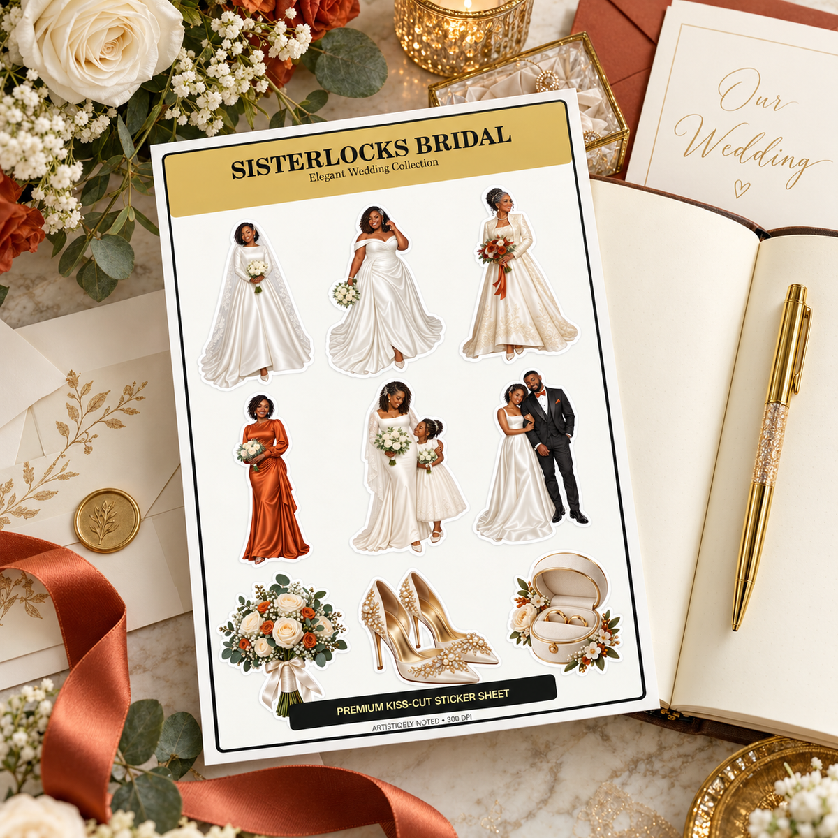 Sisterlocks Bridal nine-design sticker sheet with open wedding journal, envelopes, ivory roses and gold pen