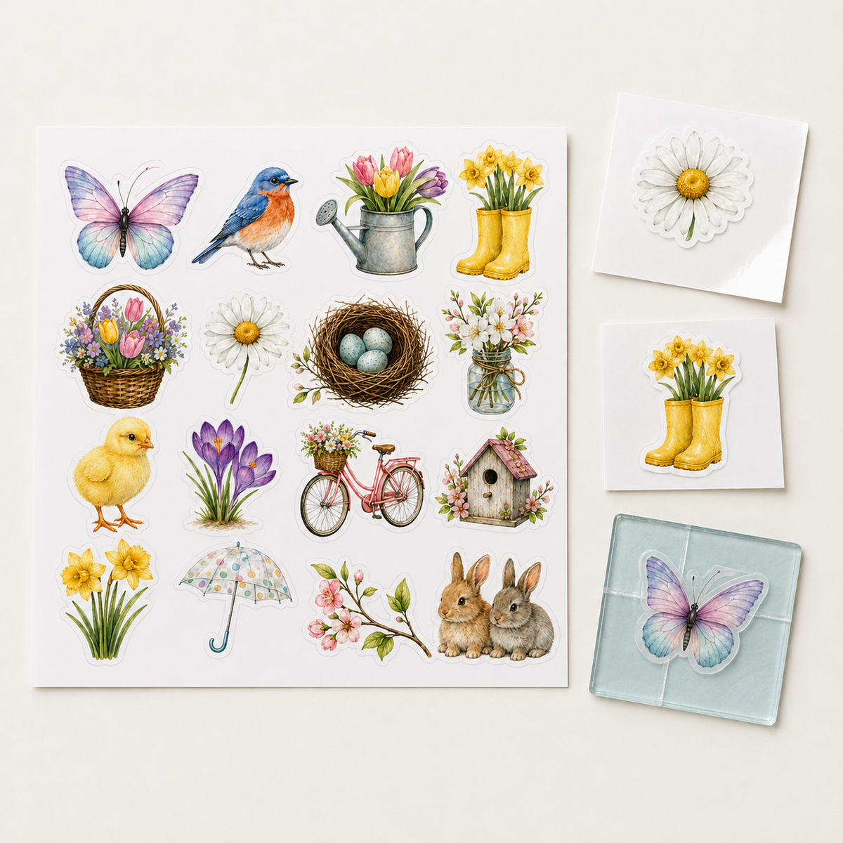 Spring garden sticker sheet shown with sample motifs on glossy paper, white vinyl and transparent vinyl surfaces.