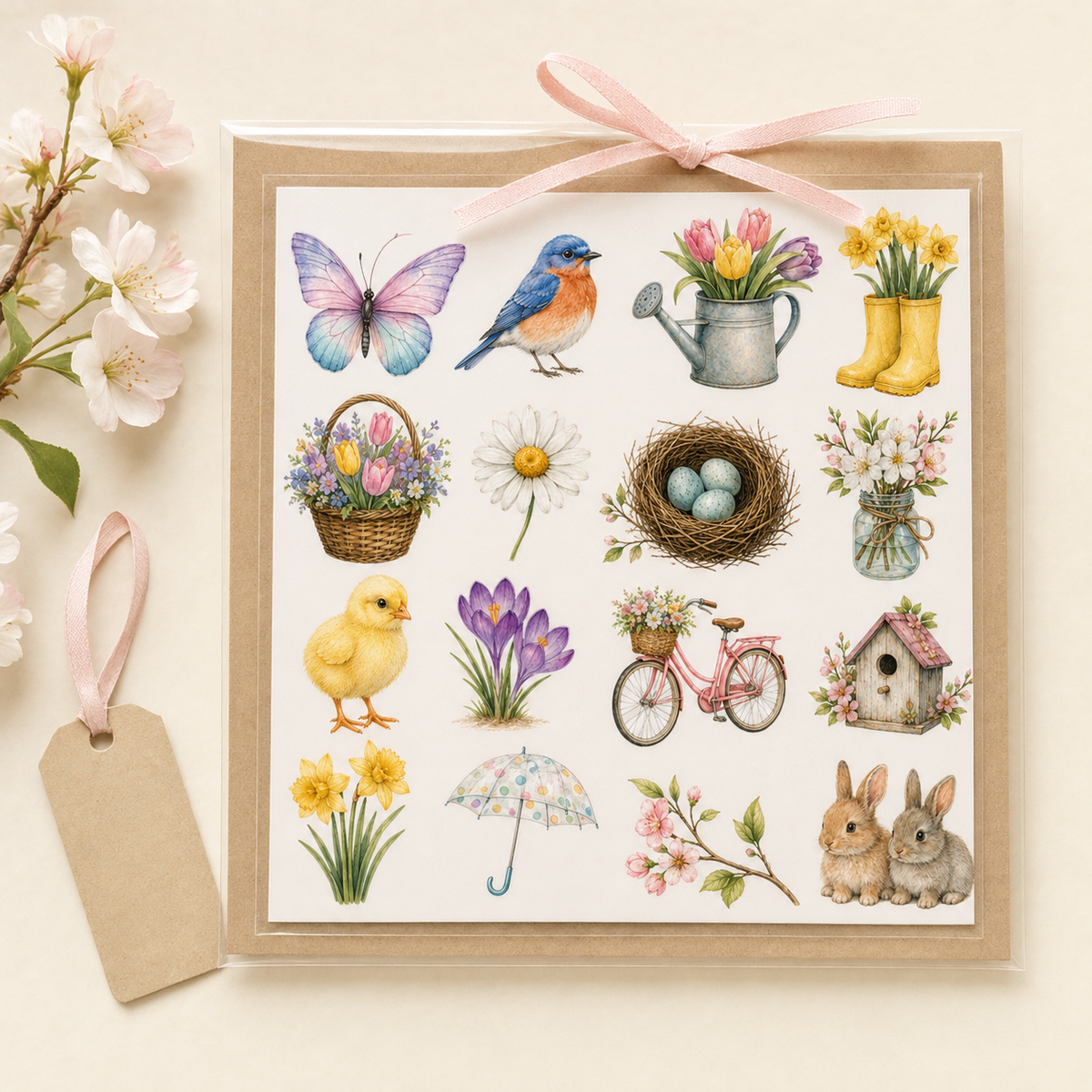 Spring garden watercolour sticker sheet presented in clear gift-ready packaging with kraft backing and blush ribbon.