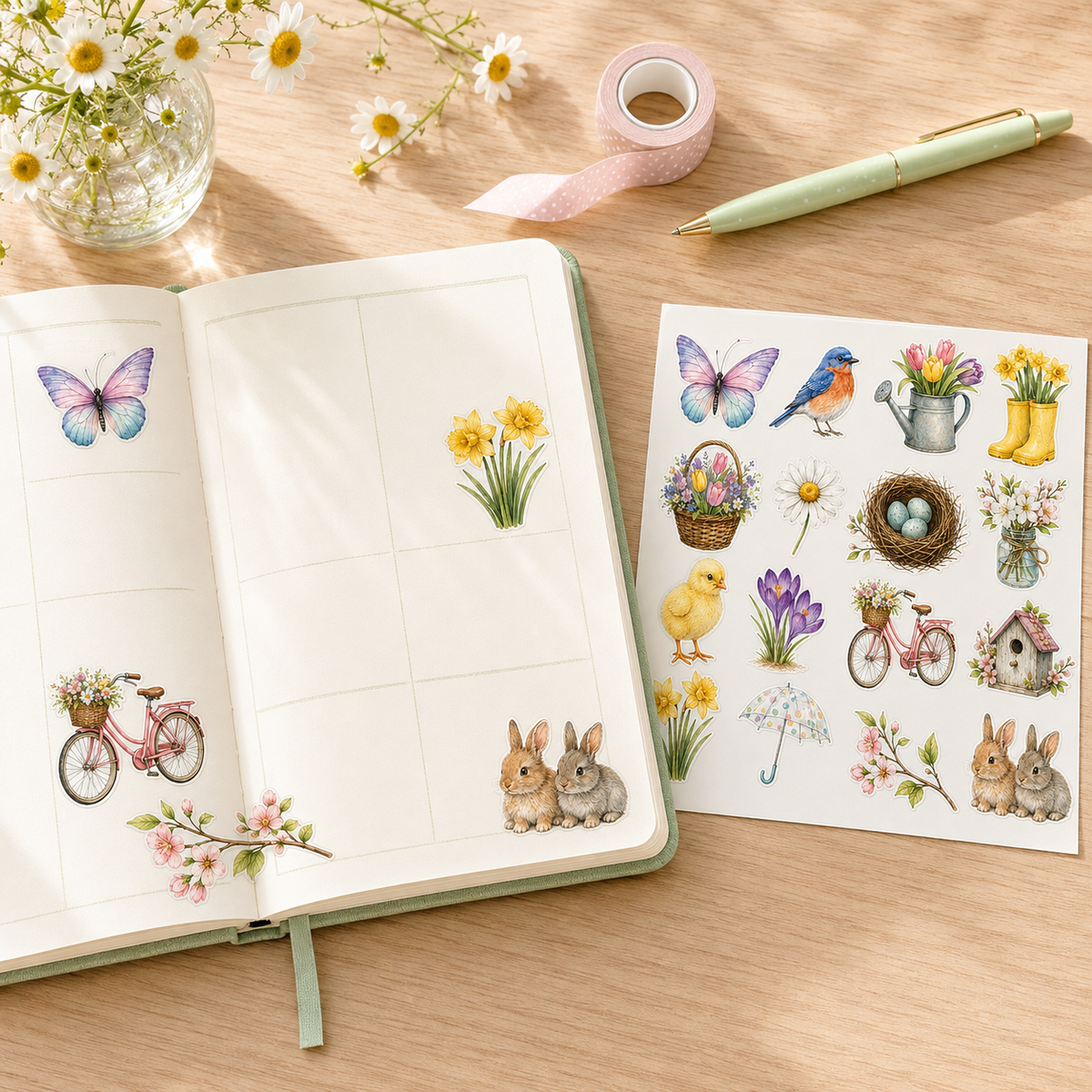 Spring watercolour stickers decorating an open planner beside the complete sticker sheet.