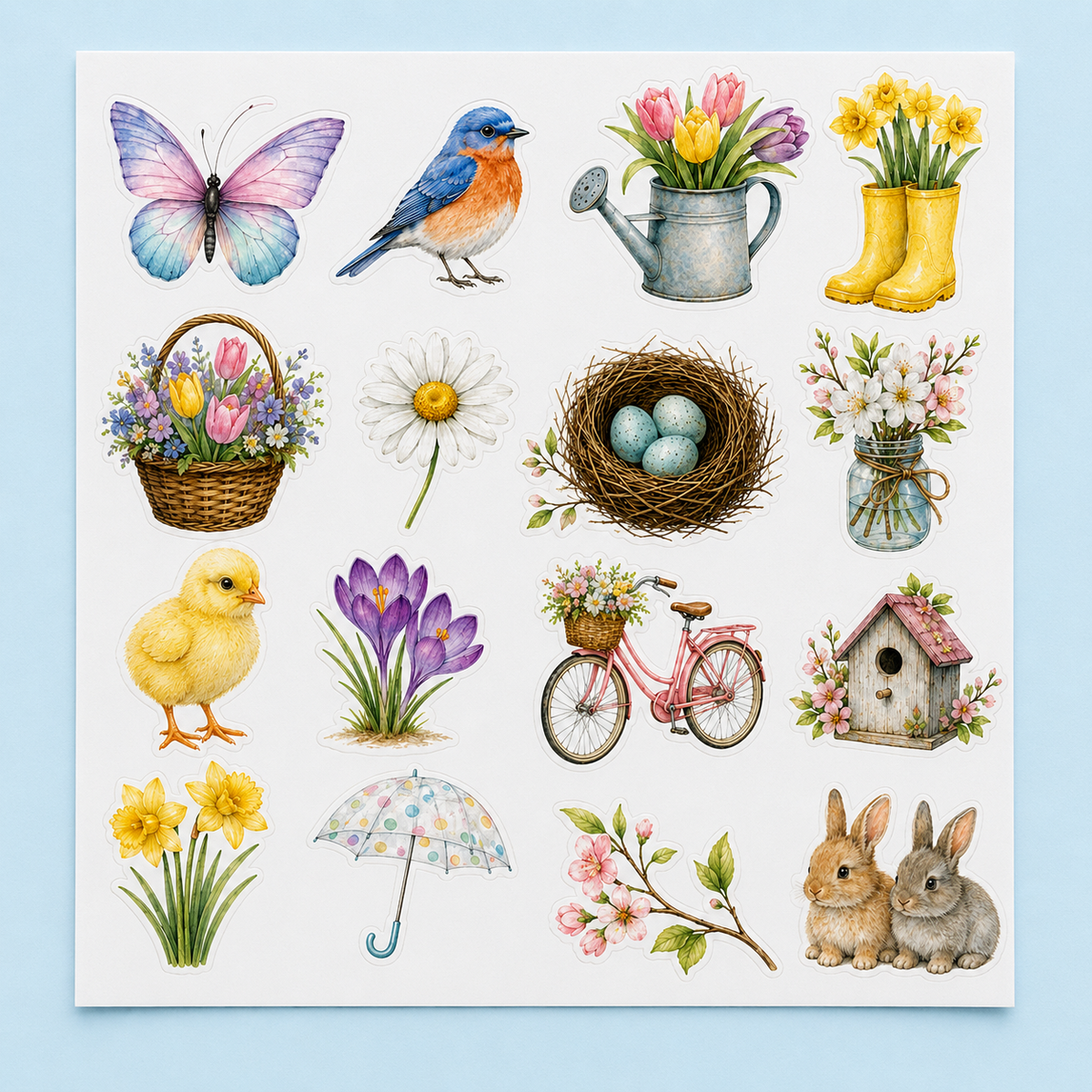 Front view of a spring watercolour sticker sheet with 16 birds, flowers, garden objects and animal motifs.