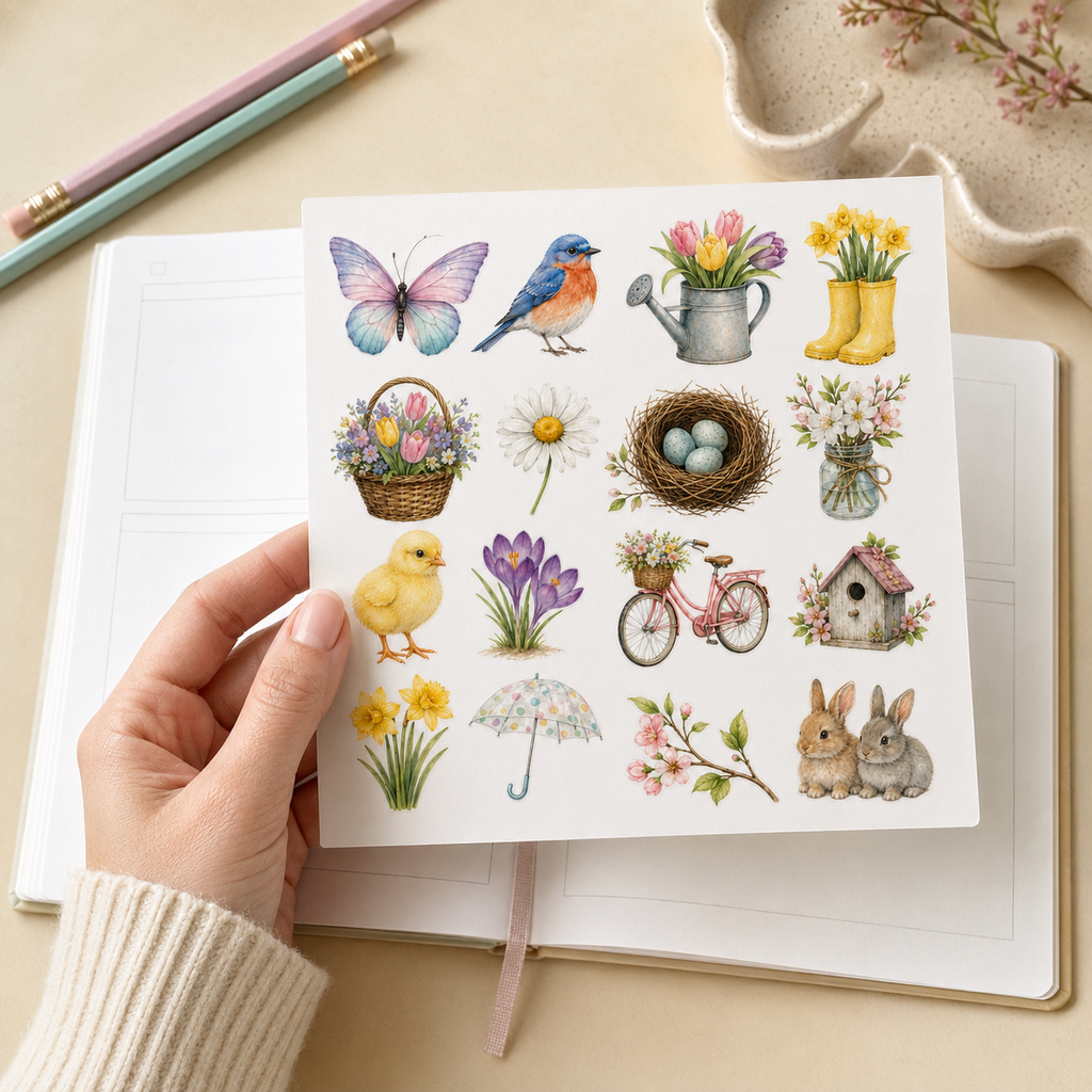 Hand holding the spring garden watercolour sticker sheet above an open planner on a cream desk.