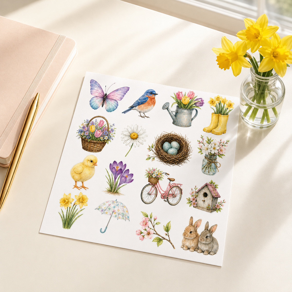 Spring garden watercolour sticker sheet styled on a cream desk with a notebook, gold pen and daffodils.