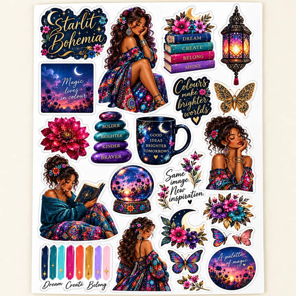 Starlit Bohemia – Celestial Journal Sticker Sheet — closeup luxury lifestyle sticker sheet mockup