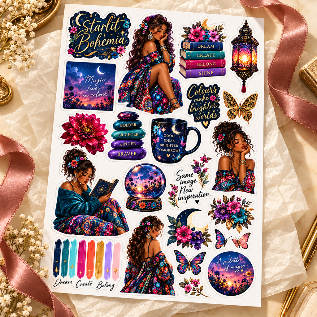Starlit Bohemia – Celestial Journal Sticker Sheet — gift luxury lifestyle sticker sheet mockup