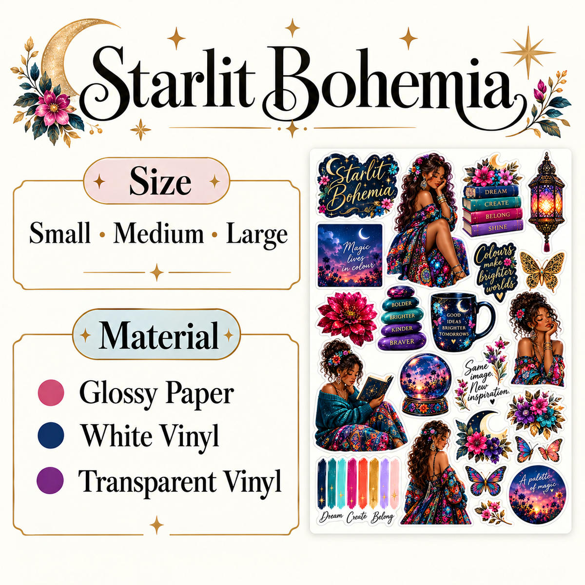 Starlit Bohemia – Celestial Journal Sticker Sheet — guide size and material options