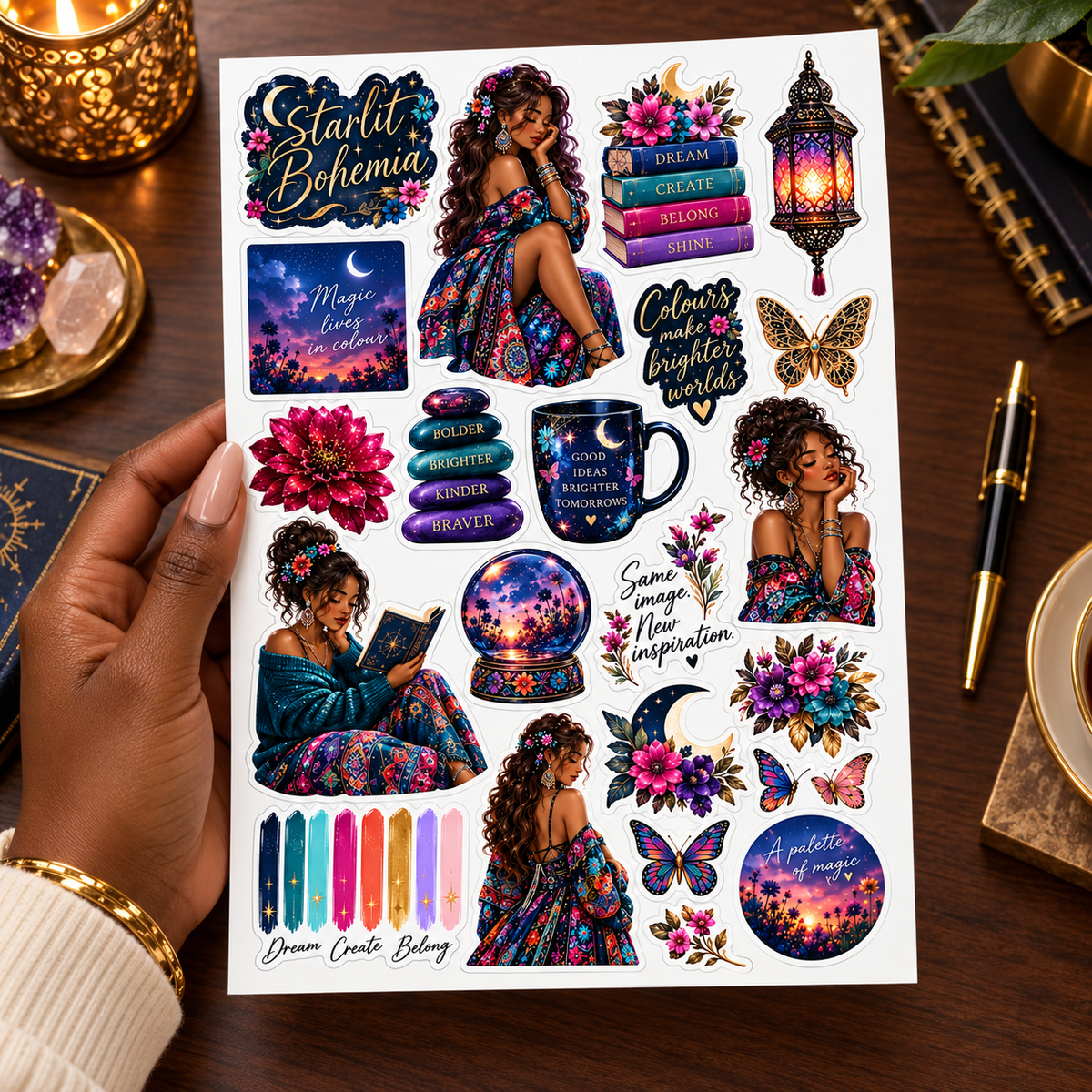 Starlit Bohemia – Celestial Journal Sticker Sheet — hand luxury lifestyle sticker sheet mockup