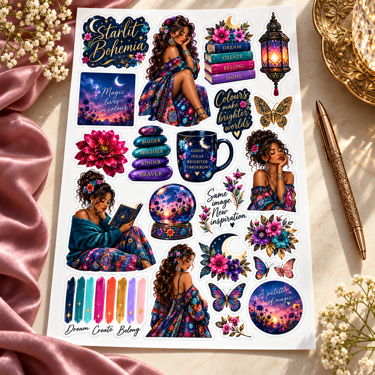 Starlit Bohemia – Celestial Journal Sticker Sheet — hero luxury lifestyle sticker sheet mockup