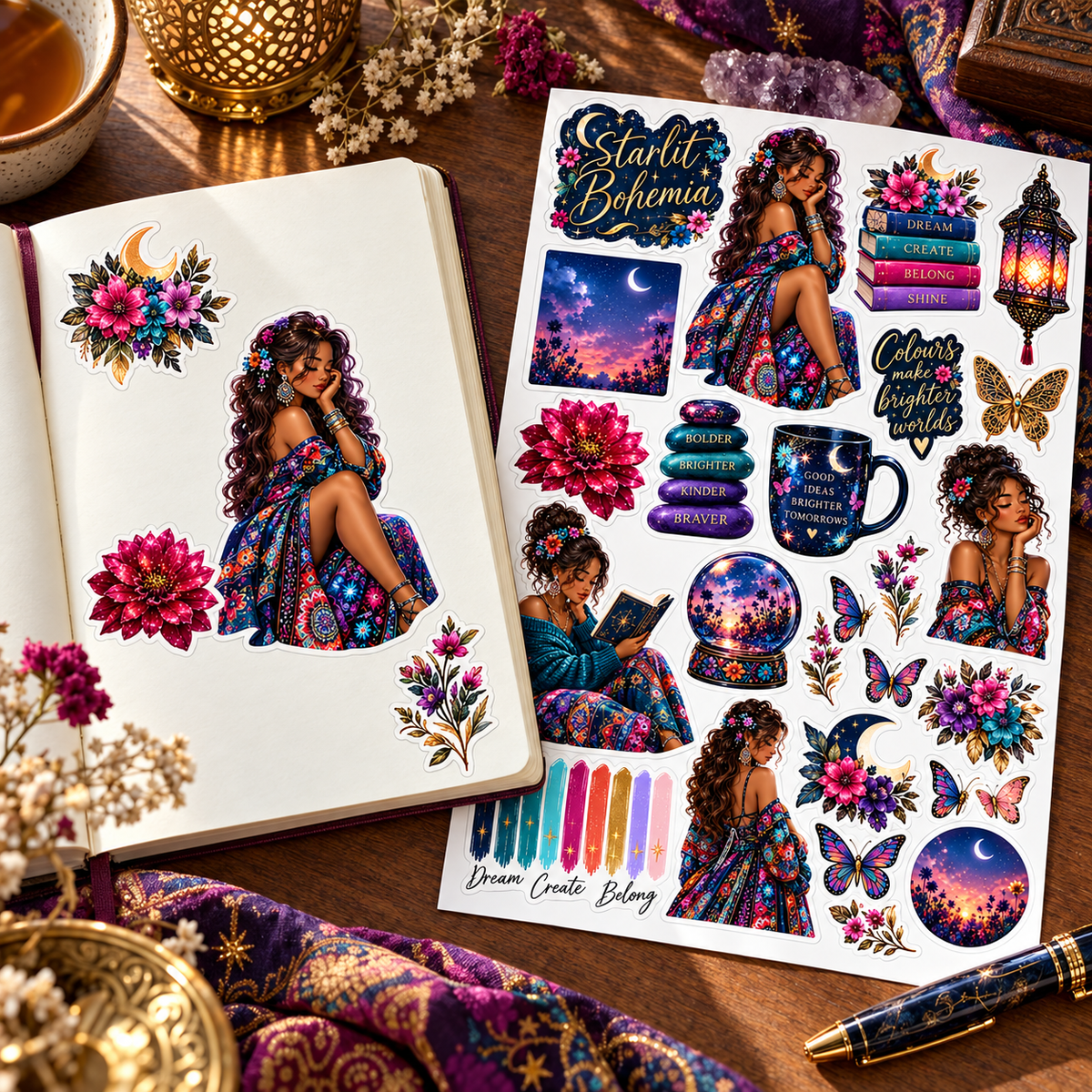 Starlit Bohemia – Celestial Journal Sticker Sheet — journal luxury lifestyle sticker sheet mockup